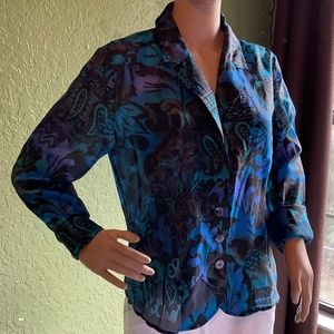 Chicos 1 Small Blue Paisley Silk LS Shirt New